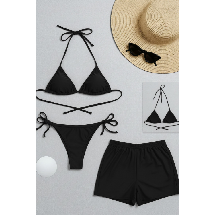Kadın 3'lü Set Siyah Şortlu ve Yandan Bağlamalı Bikini Mayo Takımı