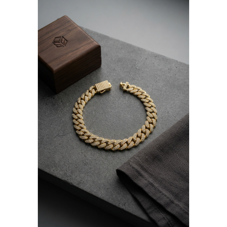 Cuban Zincir Model Zirkon Taşlı Gold Renk Erkek Bileklik 5886