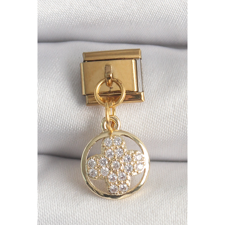 316L Çelik Gold Renk Sallantı Zirkon Taşlı Yonca Model Nomination Charm 5886
