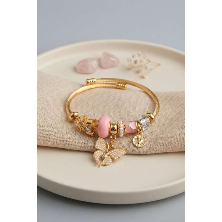 Pembe Kelebek Model Gold Renk Charmlı Bileklik 5886