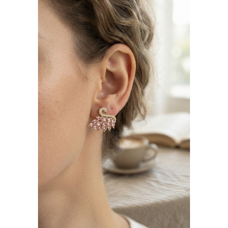 Pembe Zirkon Taşlı Gold Swan Kuğu Model Kadın Küpe 5886
