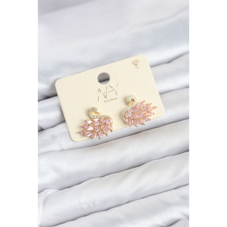 Pembe Zirkon Taşlı Gold Swan Kuğu Model Kadın Küpe 5886