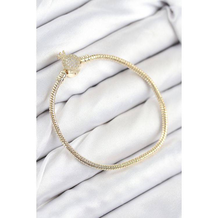 Pirinç Charm Zirkon Taşlı Taç Model Gold Renk Kadın Bileklik 5886