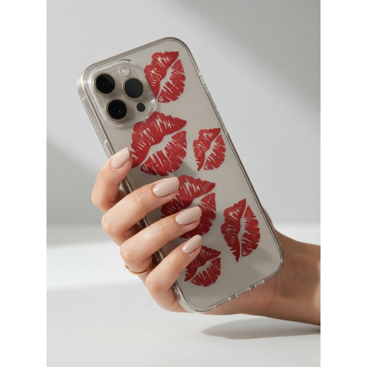 iPhone 15 Pro Max Kırmızı Dudak / Öpücük Desenli Şeffaf Telefon Kılıfı