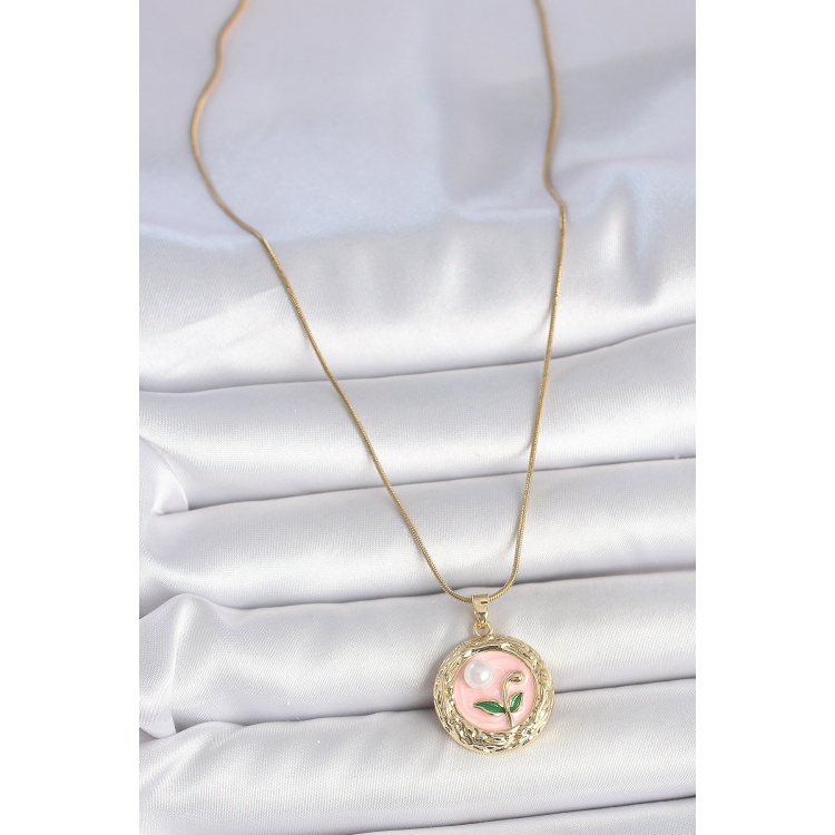 316L Çelik Gold Renk Zincir Pembe Çiçek İşlemeli inci Detay Portre Model Kadın Kolye 5886