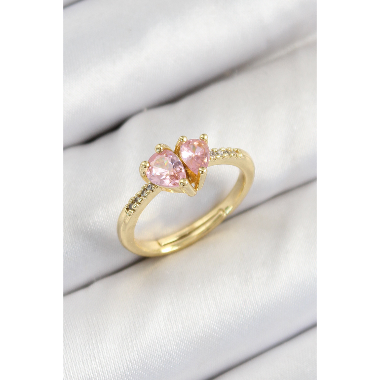 Pirinç Zirkon Taşlı Pembe Kalp Model Gold Renk Kadın Yüzük 5886