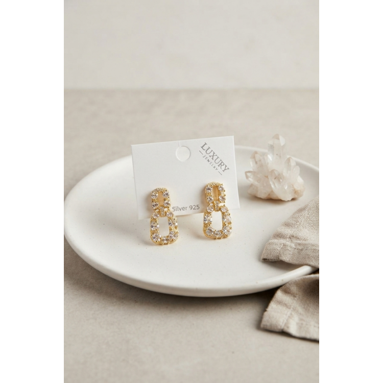 Zirkon Taşlı Gold Renk Pirinç Vintage Kadın Küpe 5886