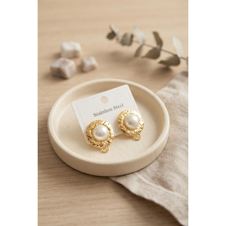 316L Çelik Gold Renk İncili Model Küpe 5886