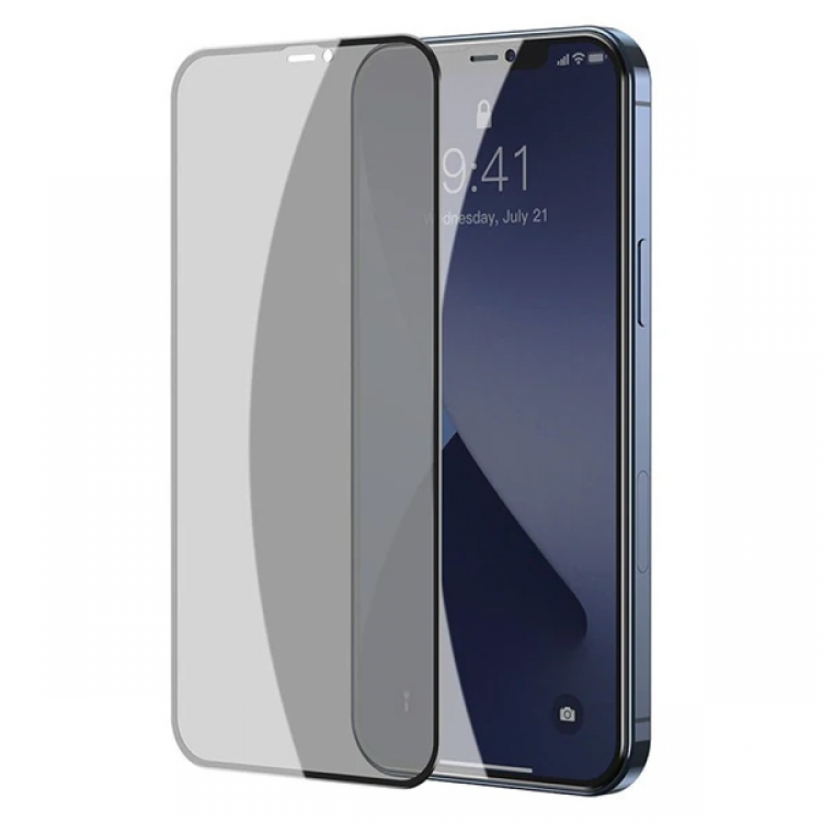 Baseus İPhone 12 Pro Max 6.7 023mm Anti Spy Çerçeveli Tempered Cam Ekran Koruyucu 2 Adet Set-(5775)