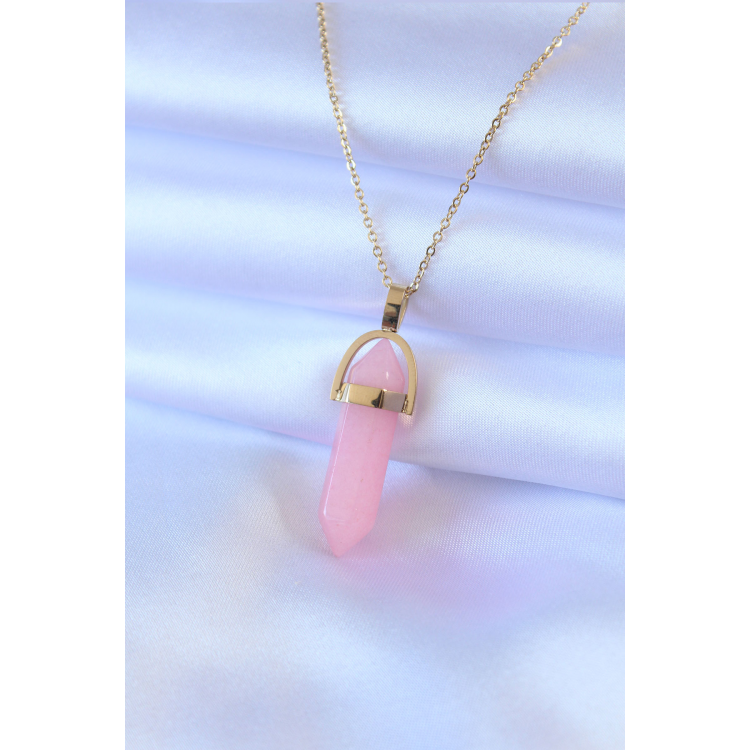 316L Çelik Gold Renk Kristal Pembe Taş Model Kadın kolye 5886
