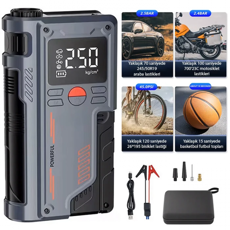 EZERE ST-9631 Pro Taşınabilir Göstergeli Araç Lastik Şişirme Ve Starter Akü Takviye Seti-(5775)