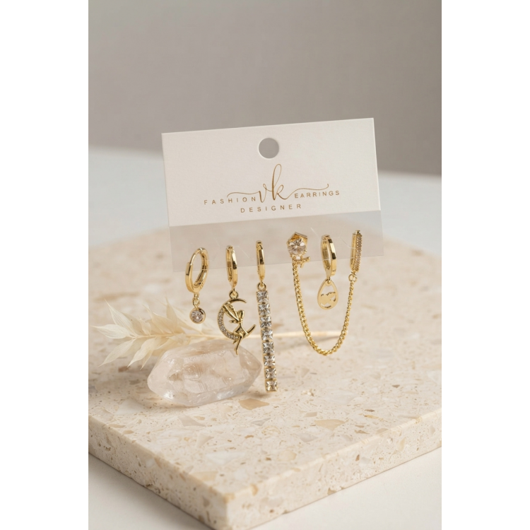Gold Renk Pirinç Zirkon Taşlı 6'lı Küpe Set Kombini 5886