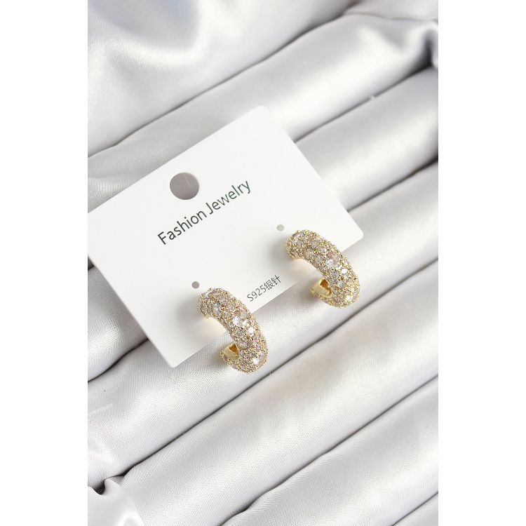 Pirinç Zirkon Taşlı Halka Model Gold Renk Kadın Küpe 5886