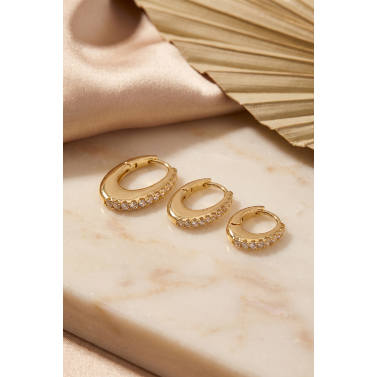 Gold Renk Oval Halka Model Zirkon Taşlı 3 lü Küpe Set 5886