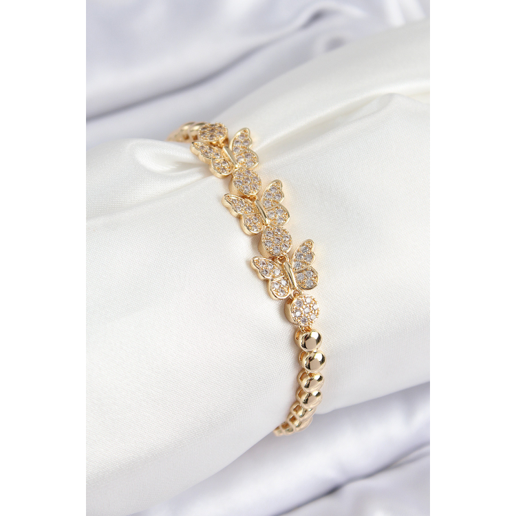 Pirinç Zirkon Taşlı Kelebek Model Gold Renk Kadın Bileklik 5886