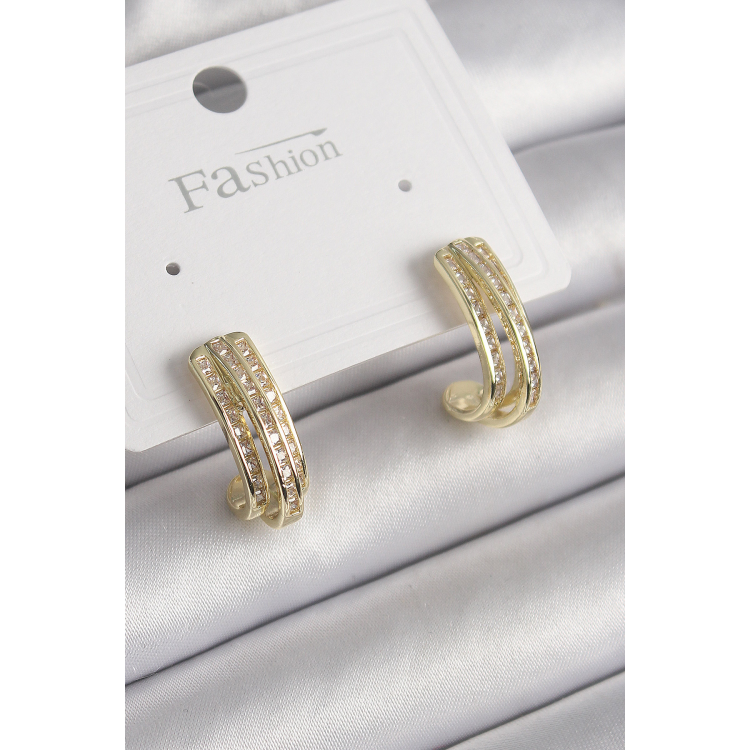 Pirinç Gold Renk Zirkon Taşlı Yarım Halka Model Kadın Küpe 5886