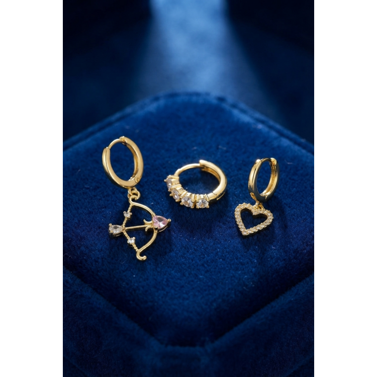 3 lü Set Küpe Gold Renk Eros Yay Detaylı 5886