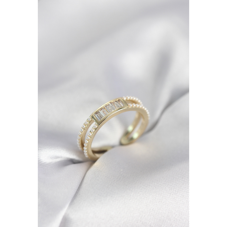 Baget Zirkon Taşlı Gold Renk İncili Kadın Yüzük 5886