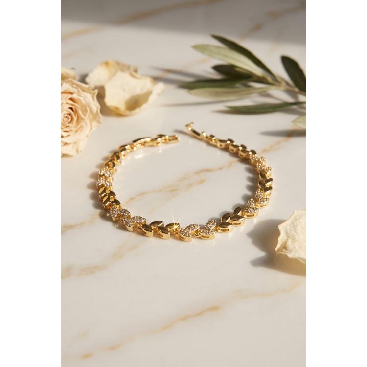 Gold Renk Pirinç Zirkon Taşlı Başak Model Kadın Bileklik 5886