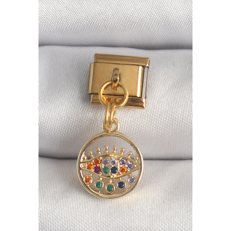 316L Çelik Gold Renk Sallantı Renkli Zirkon Taşlı Göz Model Nomination Charm 5886