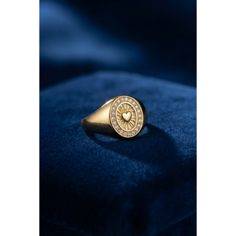 Zirkon Taşlı Kalp Detaylı Gold Renk Kadın Yüzük 5886