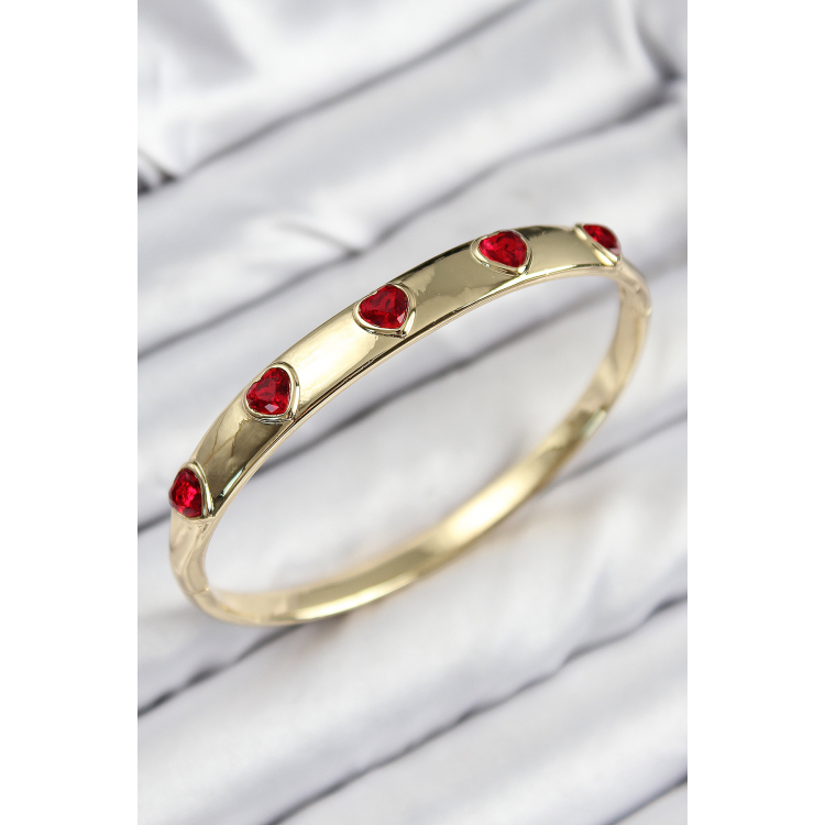 Pirinç Zirkon Taşlı Kırmızı Kalp Model Gold Renk Kadın Kelepçe 5886
