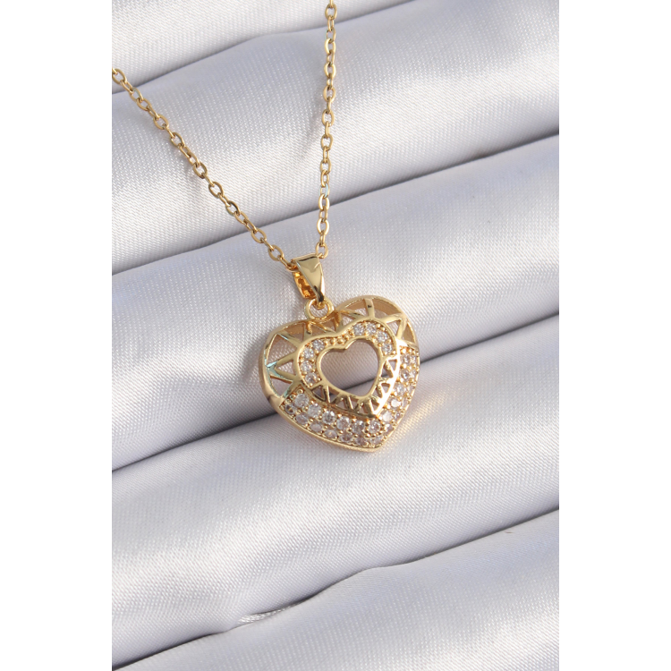 316L Çelik Gold Renk Zirkon Taşlı Kalp Model Vintage Kadın Kolye 5886