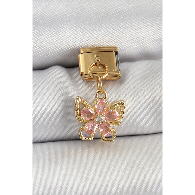 316L Çelik Sallantılı Zirkon Taşlı Çiçek Figürlü Kelebek Model Gold Renk Nomination Charm 5886