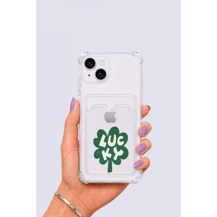 iPhone 14 Kartlıklı Lucky Yonca Desenli Kılıf