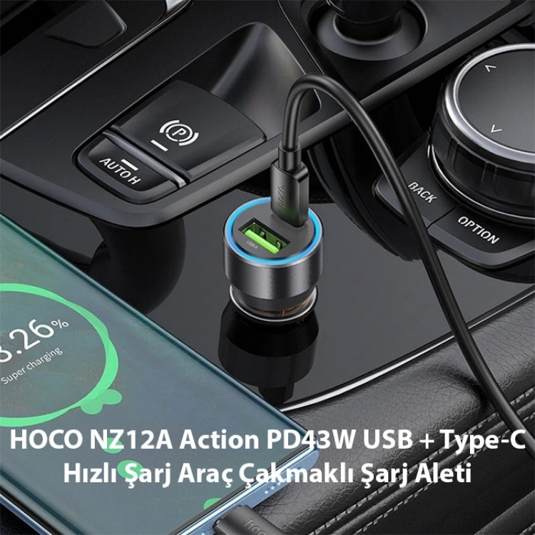 HOCO NZ12A Action PD43W USB + Type-C Hızlı Şarj Araç Çakmaklı Şarj Aleti-(5775)