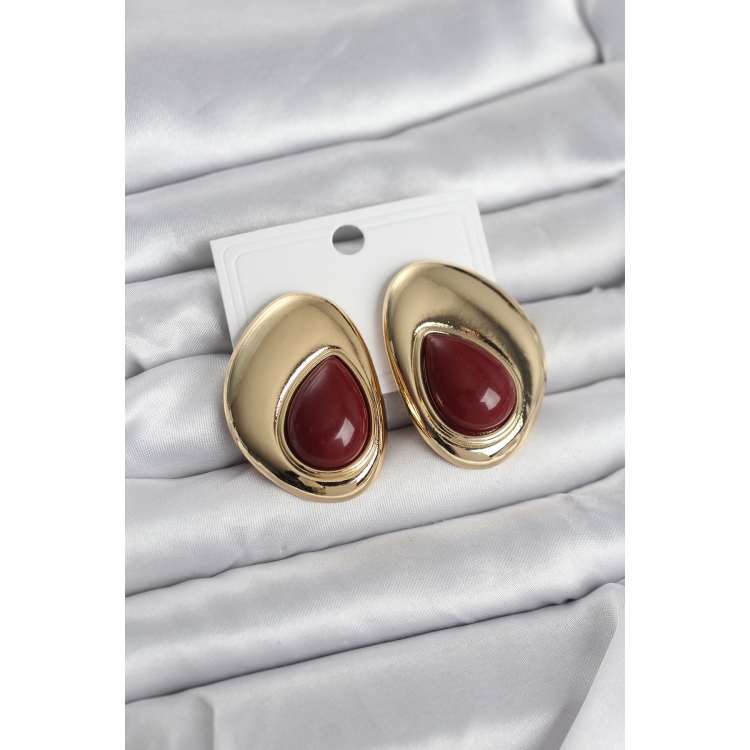 Pirinç Gold Renk Bordo Taşlı Damla Model Vintage Kadın Küpe 5886