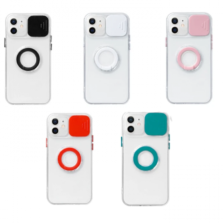 Ally iPhone 12 6.1inç Kılıf Sürgülü Kamera Lens Korumalı Yüzük Standlı Silikon Kılıf-(5775)