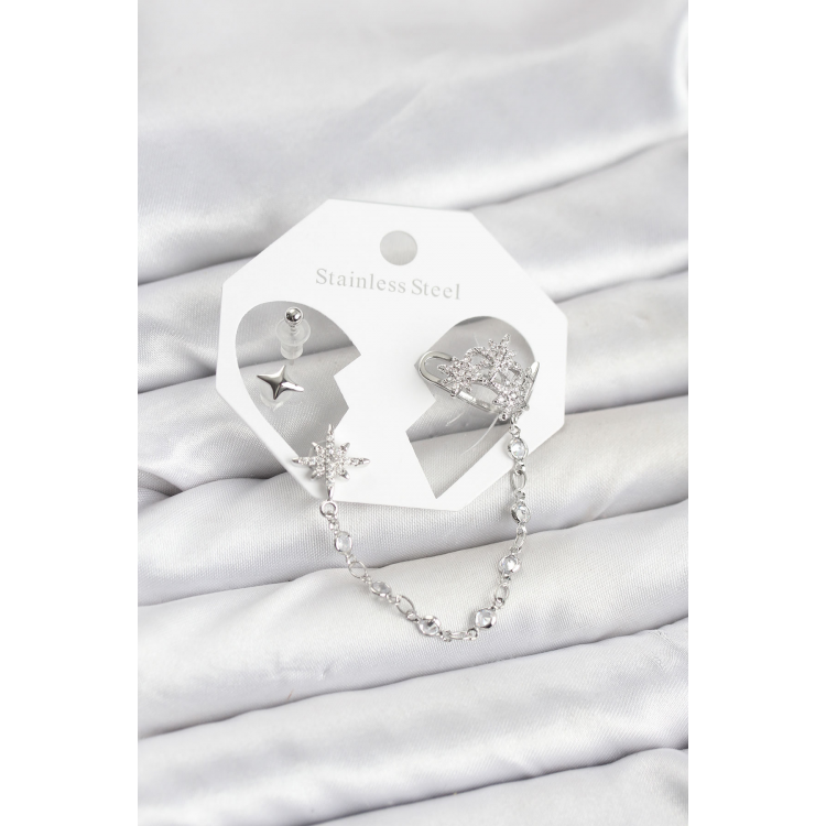 Kutup Yıldızı Model Pirinç Gümüş Renk Zincir Bağlantılı Ear Cuff Küpe Seti 5886
