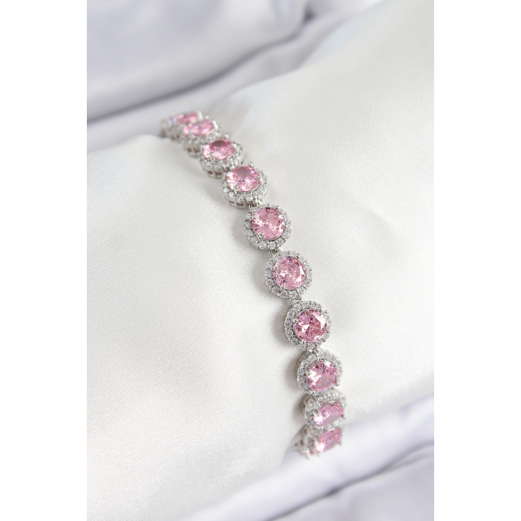 Pirinç Pembe Zirkon Taşlı Daire Baget Model Gümüş Renk VIP Seri Kadın Bileklik 5886