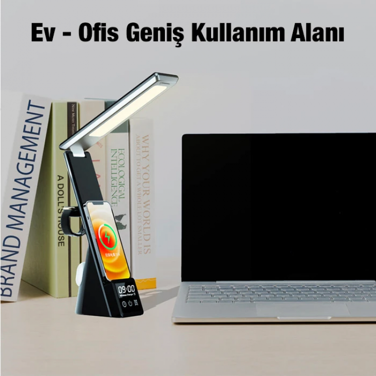 ALLY Dijital Saatli 15W Kablosuz Şarjlı LED Işıklı Katlanabilir Masa Lambası-(5775)