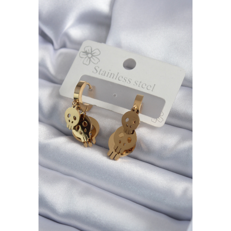 316L Çelik Gold Renk Sallantı Kuru Kafa Model Kadın Küpe 5886
