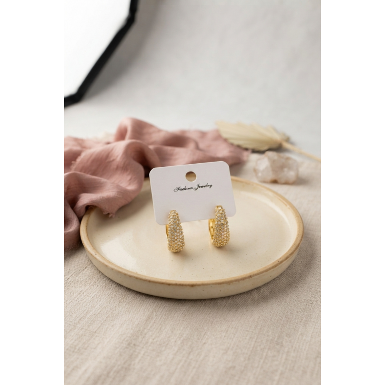 Gold Renk Zirkon Taşlı Damla Halka Model Kadın Küpe 5886