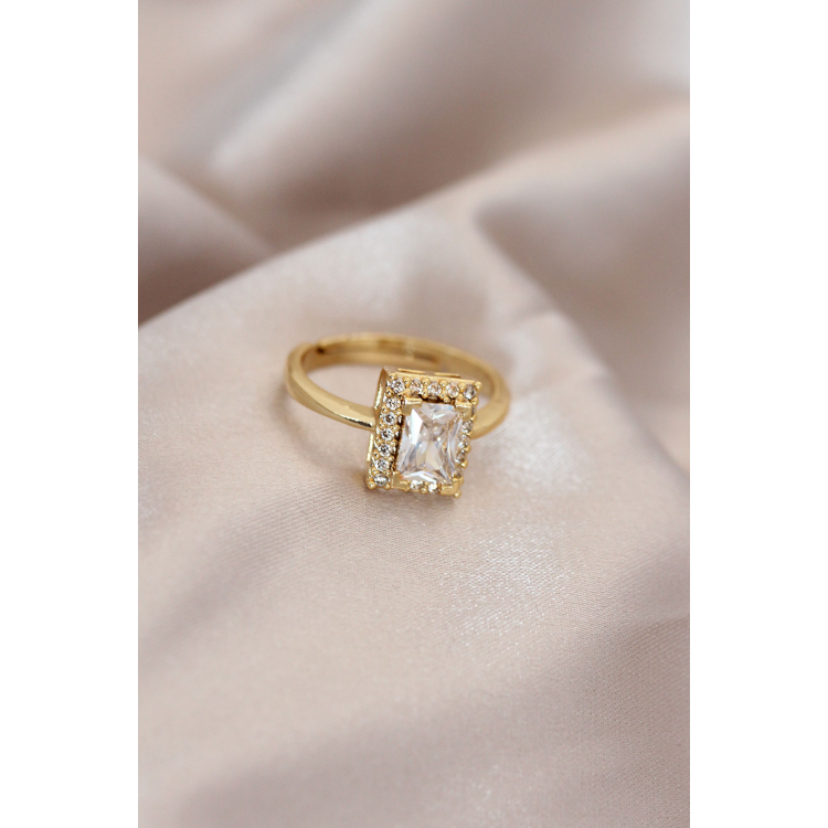 Ayarlamalı Gold Renk Metal Zirkon ve Kristal Taşlı Dikdörtgen Model Yüzük 5886