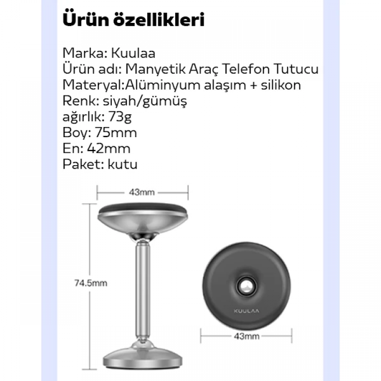 KUULAA Güçlü Mıknatıslı Manyetik Standlı Cep Telefon Araç Tutucu-(5775)