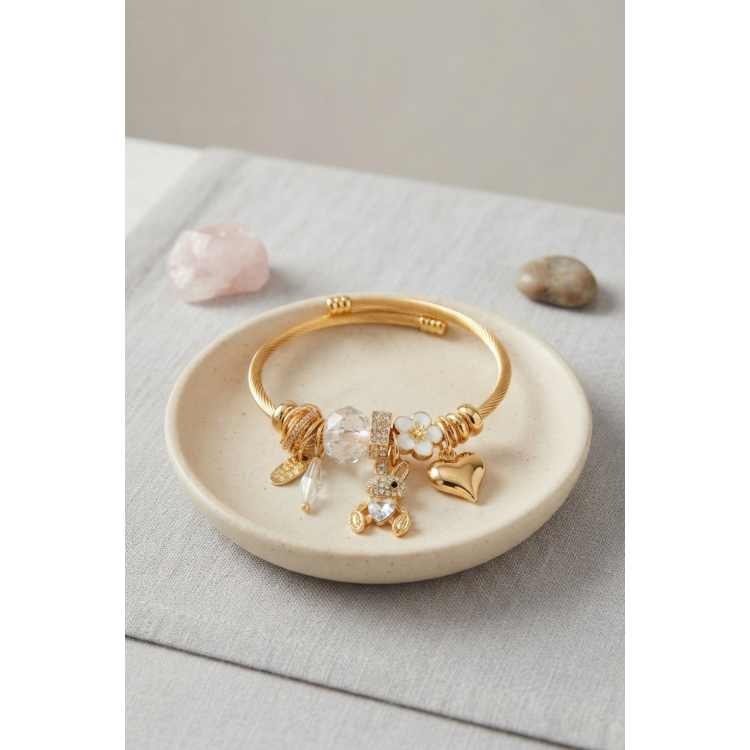 Tavşan Model Gold Renk Beyaz Charmlı Bileklik 5886