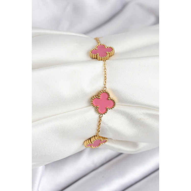 316L Çelik Gold Zincir Pembe Yonca Renk Bileklik 5886