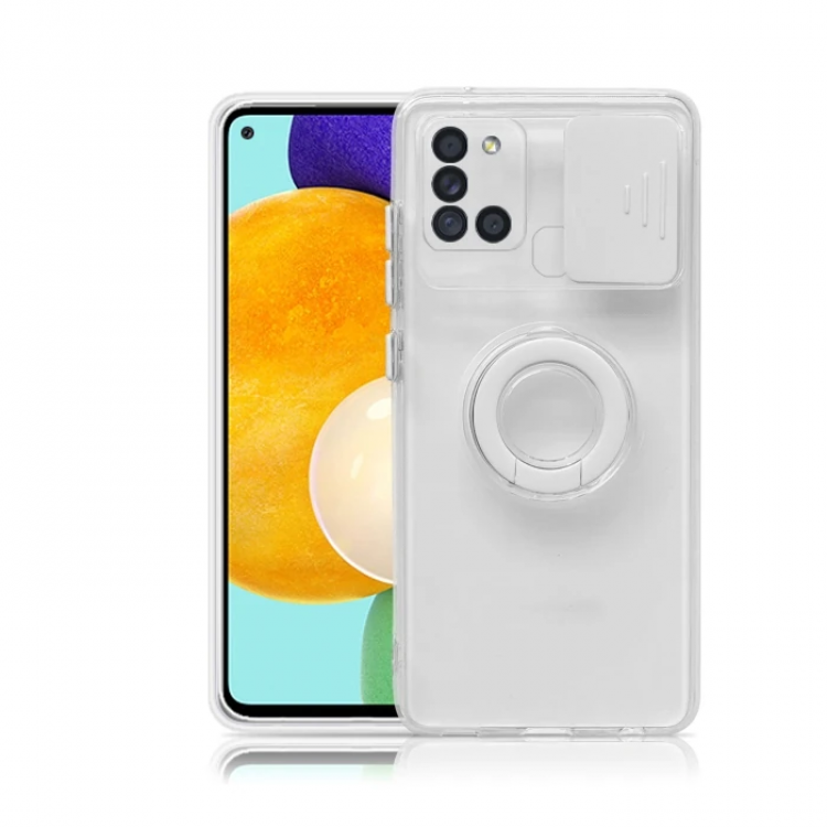 SM Galaxy A21S (SM-A217) Kılıf Sürgülü Kamera Lens Korumalı Yüzük Standlı Silikon Kılıf-(5775)