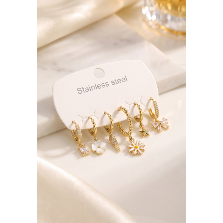 316L Çelik Gold Renk Papatya Model Detaylı Kadın Küpe Seti 5886