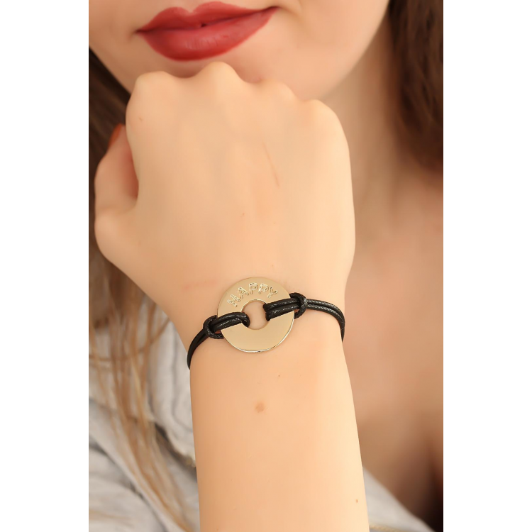HAPPY (Mutlu) Siyah Deri İpli Unisex Mood Bileklik 5886