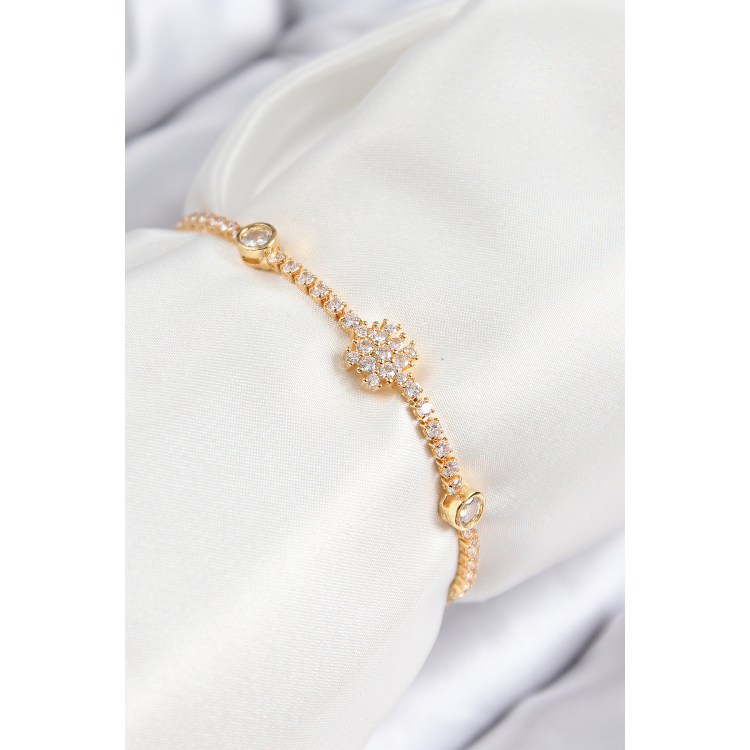 Pirinç Zirkon Taşlı Kar Tanesi Model Gold Renk Asansörlü Kadın Bileklik 5886