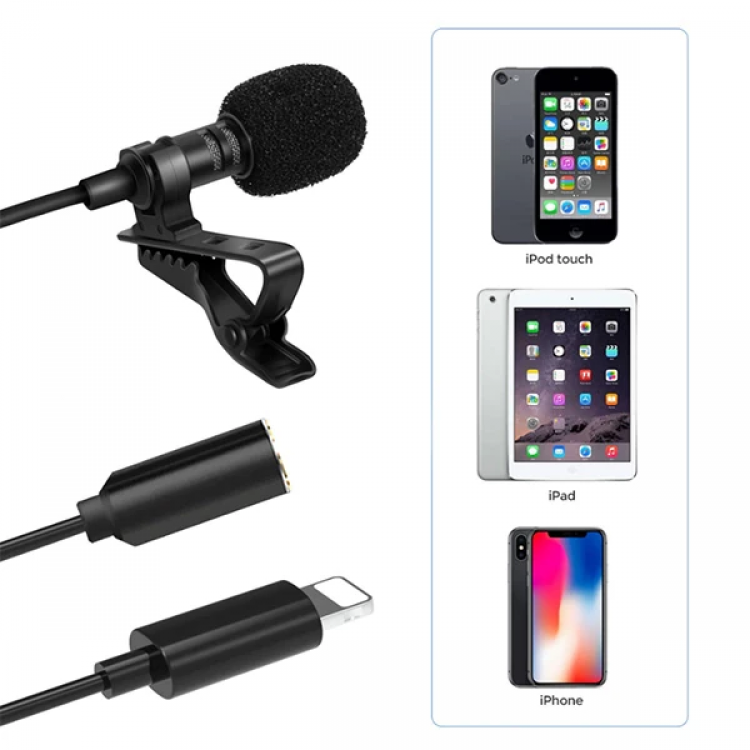 ALLY iPhone Lightning Yaka Mikrofonu+3.5MM jack Profesyonel Youtuber Mikrofonu-(5775)