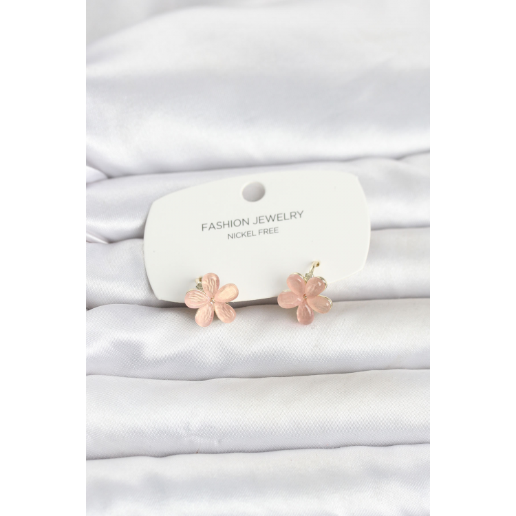 Pirinç Gold Renk Pembe Çiçek Model Çocuk Küpe 5886