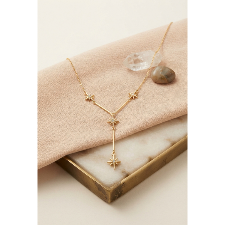 Pirinç Gold Renk Zirkon Taşlı Kutup Yıldızı Model Kadın Kolye 5886