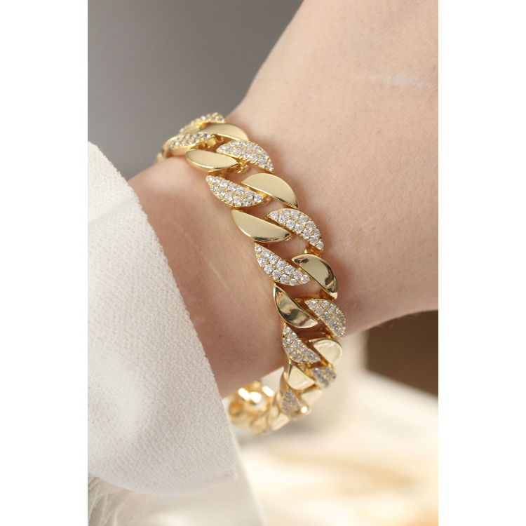 Vip Seri Pirinç Zirkon Taşlı Gold Renk Gurmet Bileklik 5886