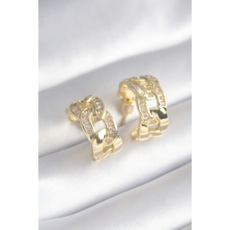 Pirinç Gold Renk Zirkon Taş Detay Zincir Model Kadın Küpe 5886